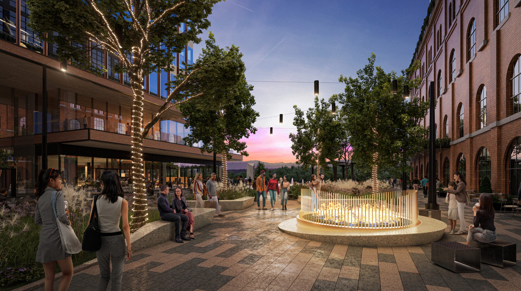 Rendering at dusk depicting the firepit situated between buildings with festive lights strung on trees and between buildings and pedestrians pausing to enjoy the warmth and light