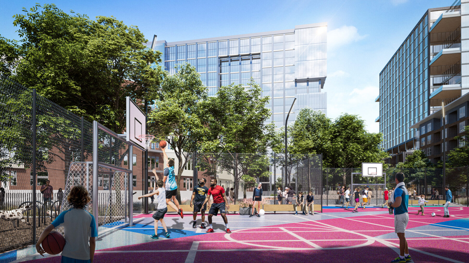 Rendering depicting players on a basketball court situated within a new urban development with high rise buildings