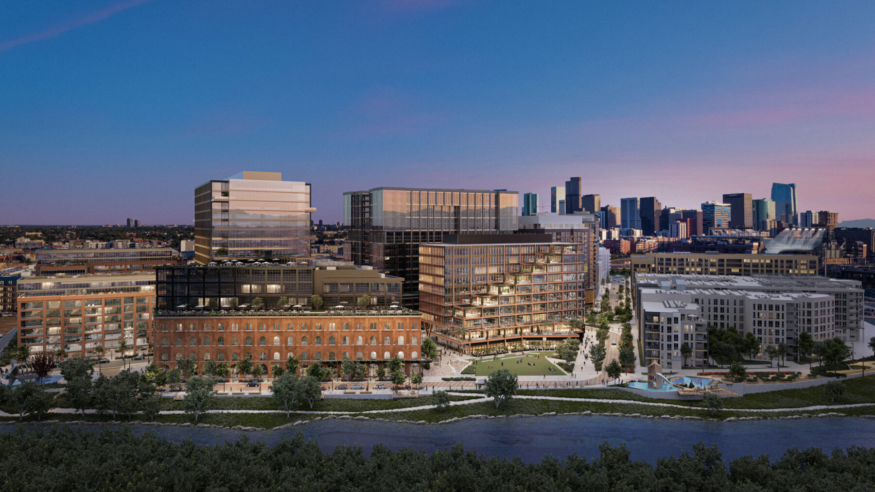 Evening view aerial rendering overlooking the river with the new development and cityscape in background