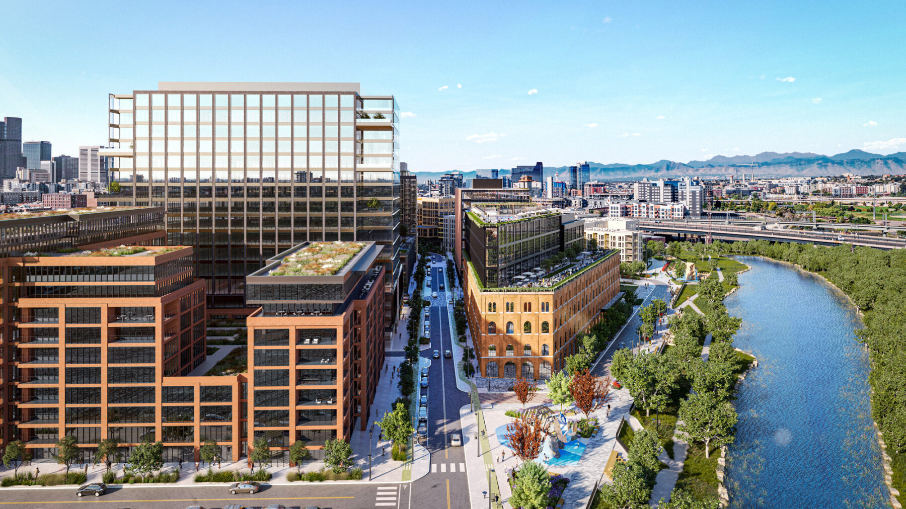 Rendered aerial view overlooking the roadways running parallel to the river with new bike lanes, parks and walkways with clear access to the riverfront