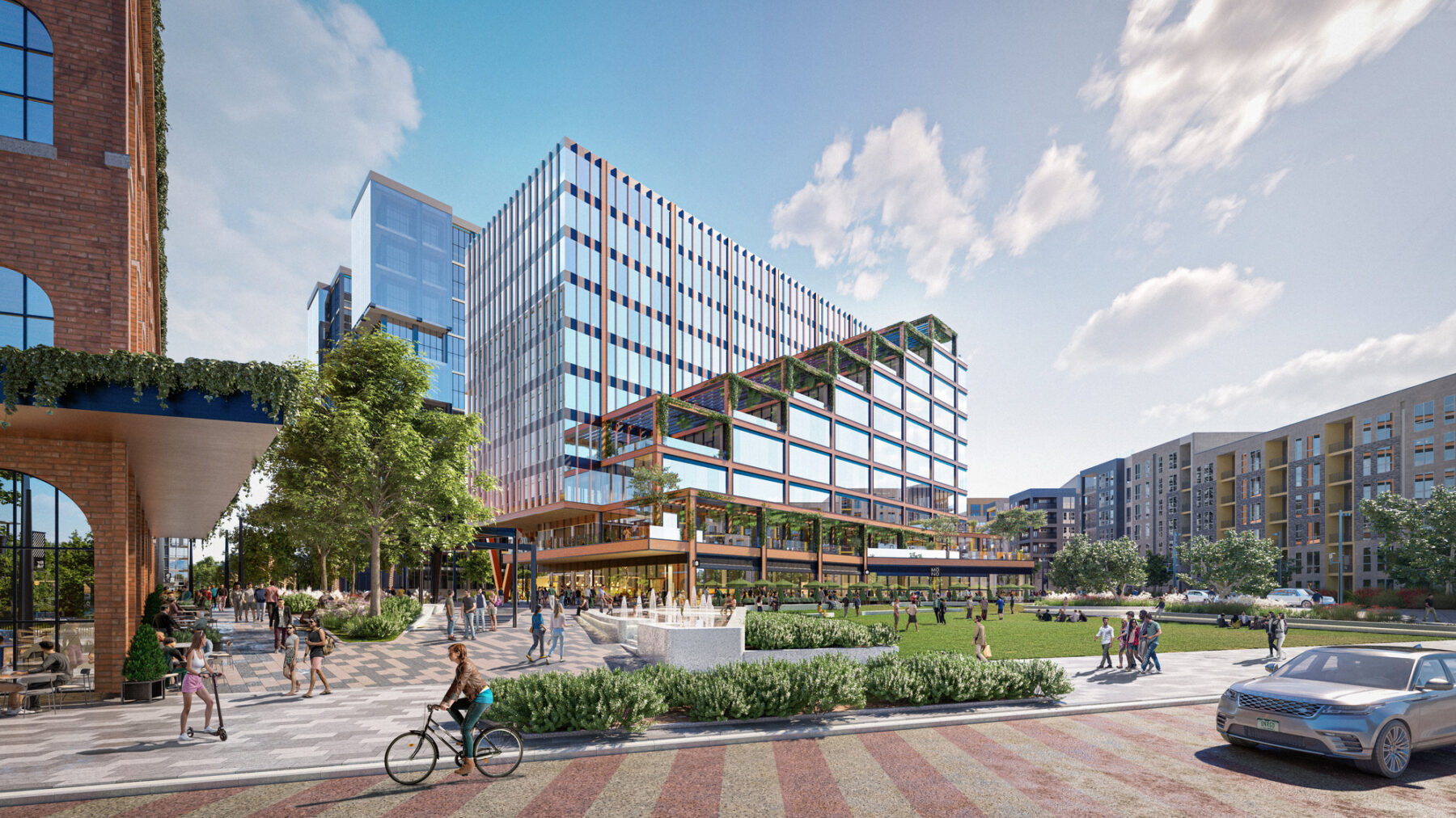 Rendering with street view and pedestrians, looking over a new central lawn and walkways connecting ground floor retail spaces