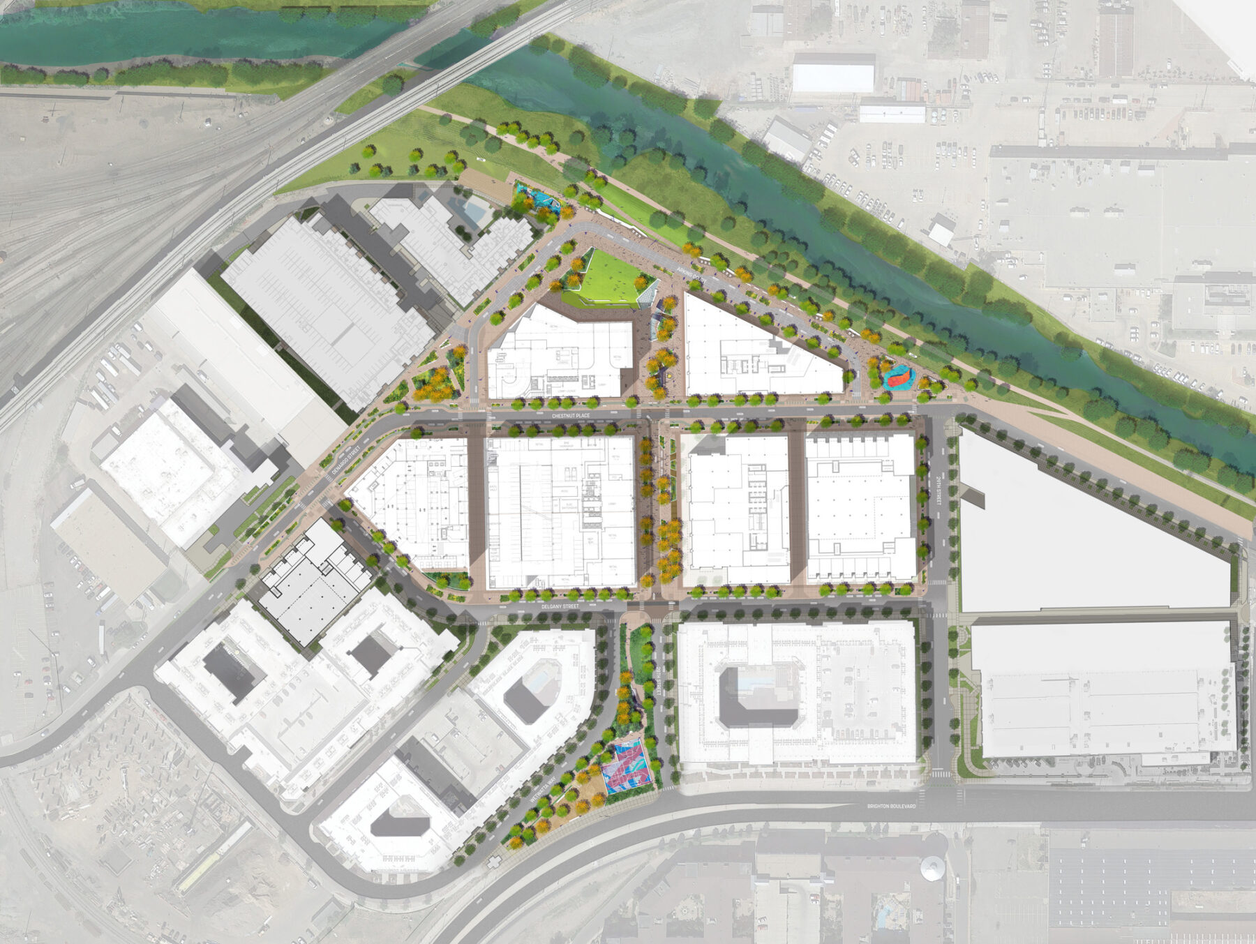 Site plan with clarified parcels for future buildings and illustrated streetscapes dotted with trees and green spaces.