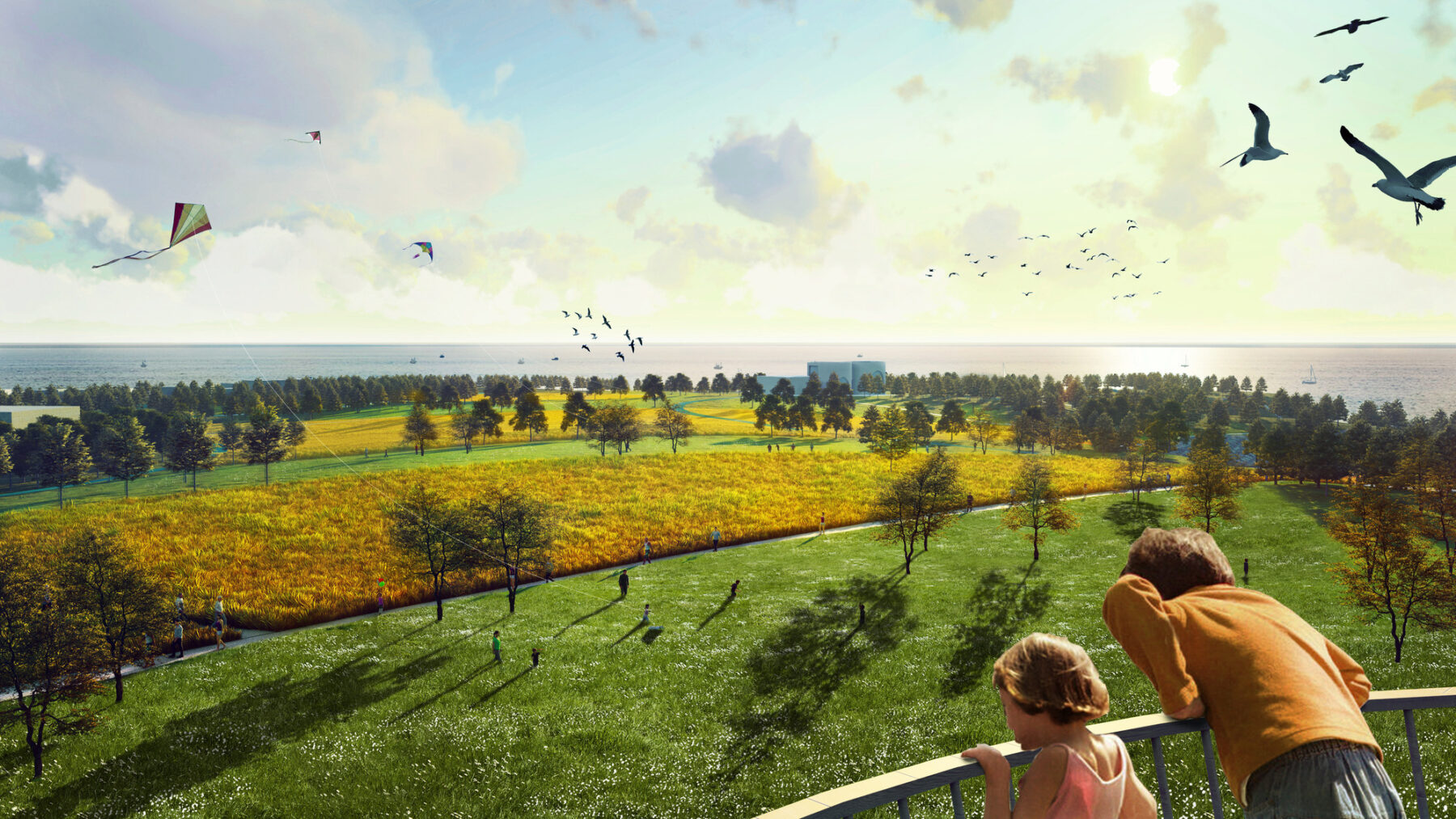 rendering of people in park overlook with waterfront in horizon