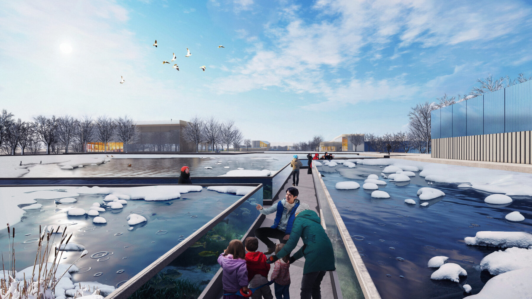 rendering of people exploring the nurseries and fishering featured along master plan