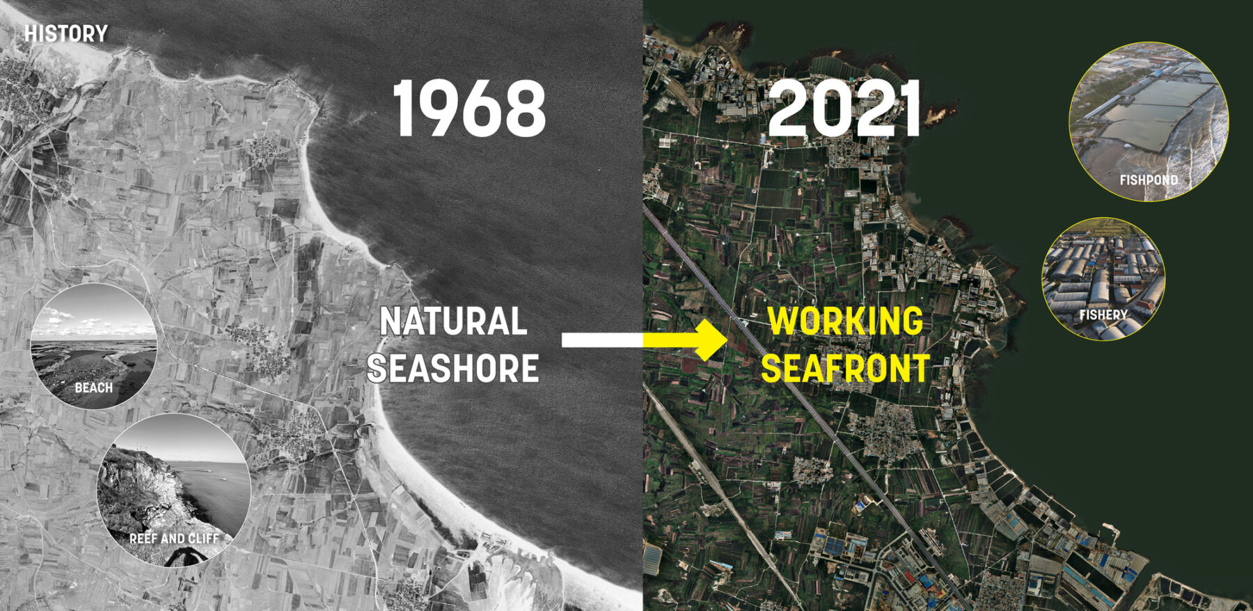 satellite images showing transforming of coastline