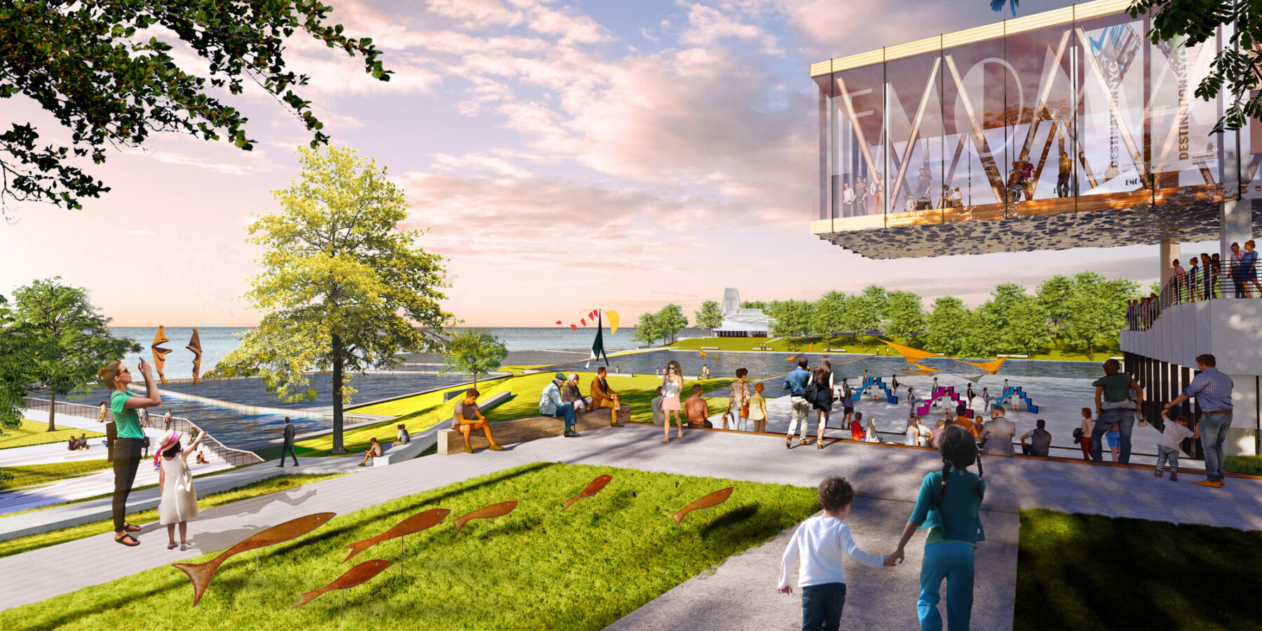 rendering of people in waterfront park space with water features and overlooks