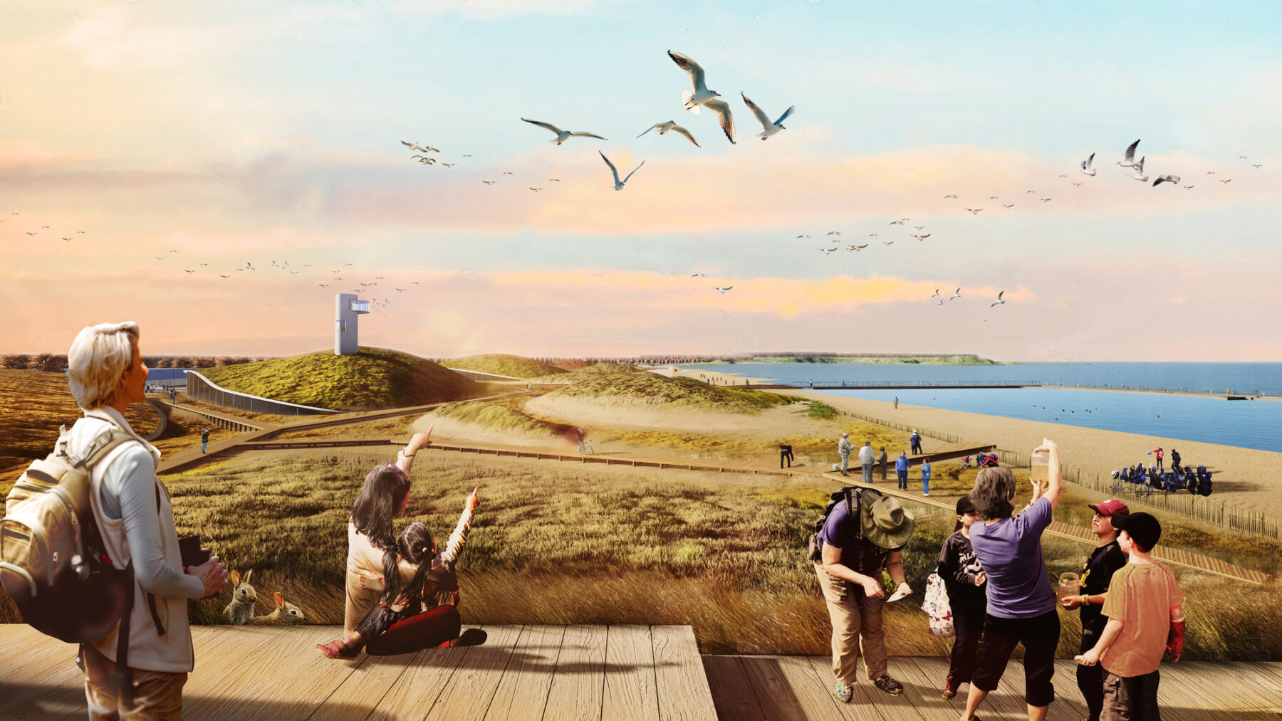 rendering of sand dune landscape with people observing birds flying over sea