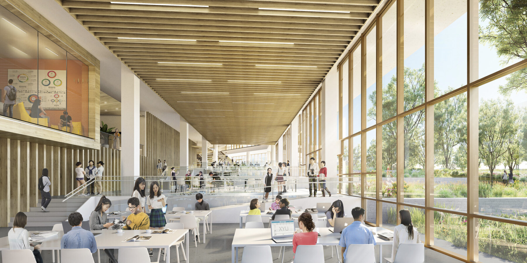 rendering of library interior with large glass windows