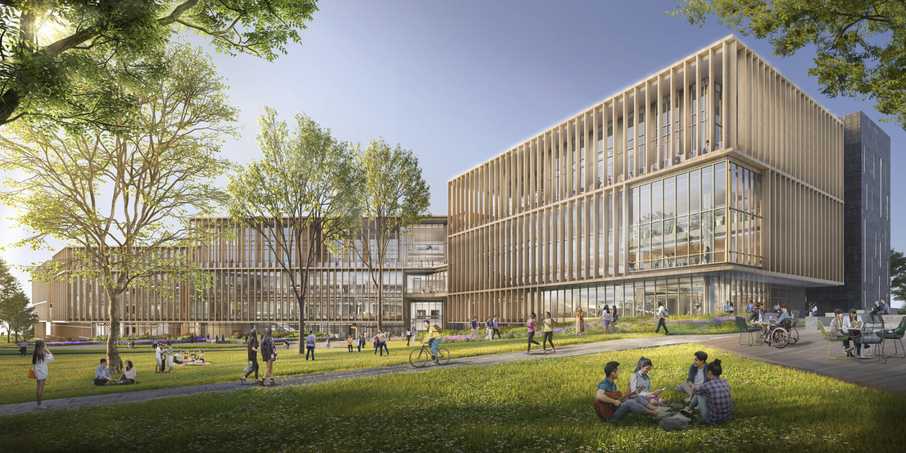 renderings of students socializing on campus lawn outside of library