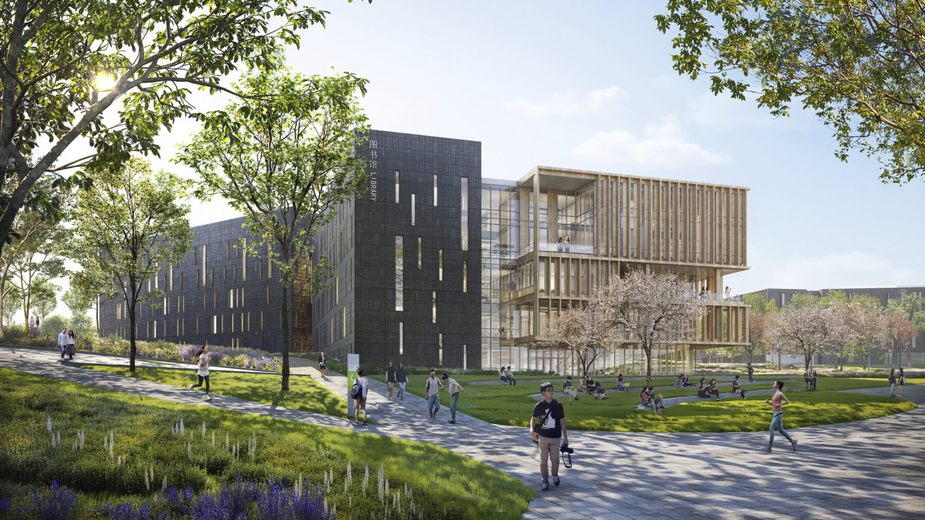 rendering of facade of library with cherry blossom trees on campus lawn