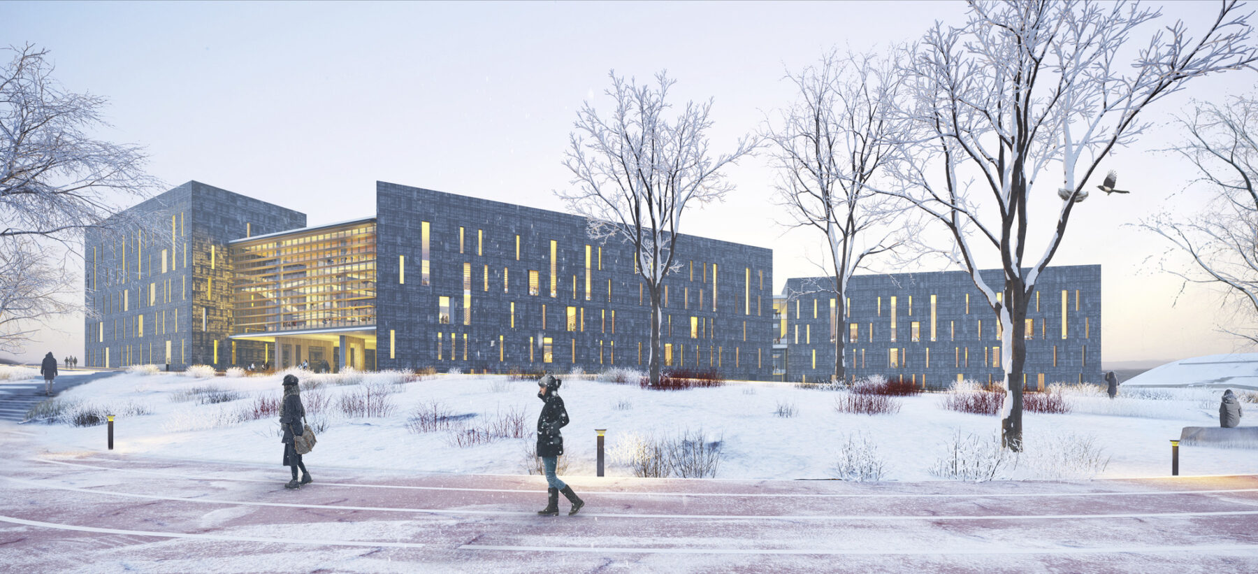 rendering of facade elevation during winter with student walking on snow