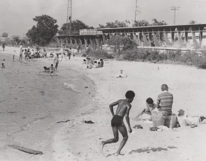 black and white photograph of new orleans residents enjoying the beach shores