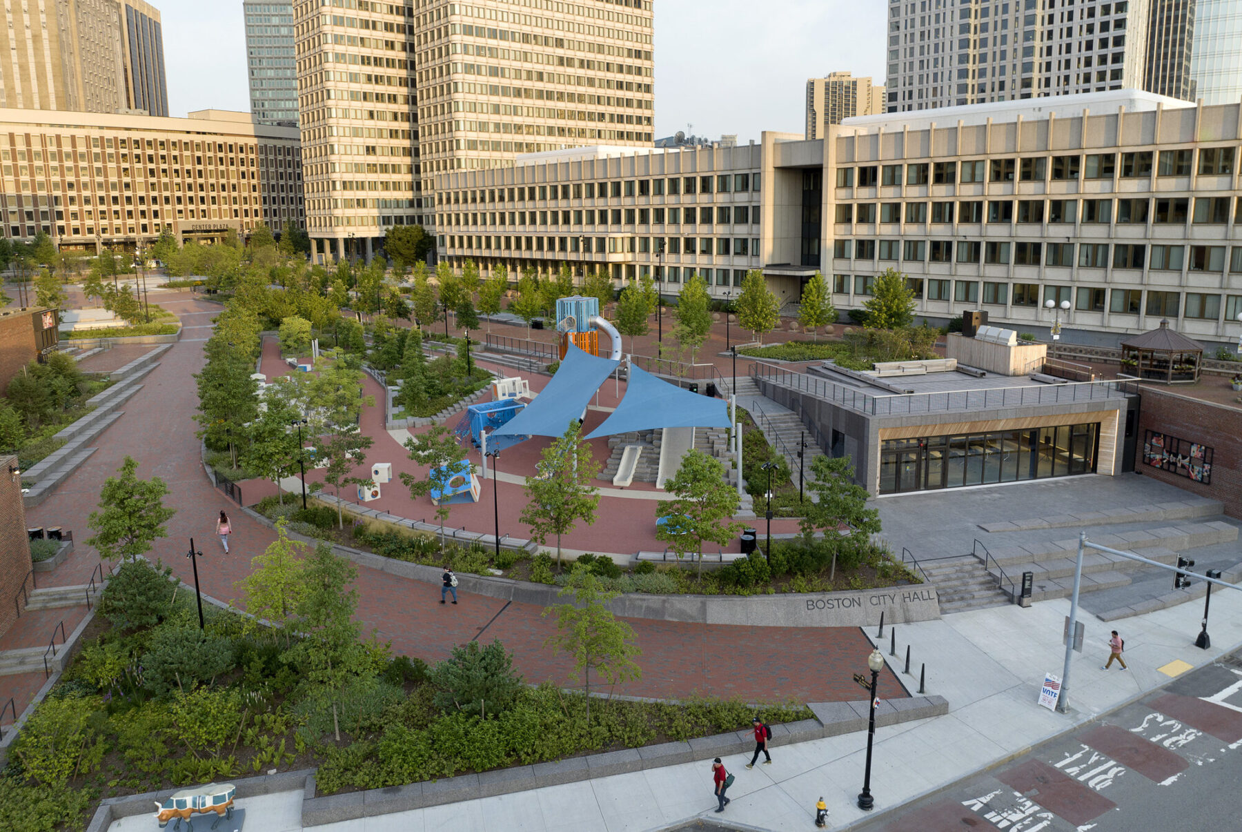 aerial photograph of playspace and event venue at Boston City Hall Plaza