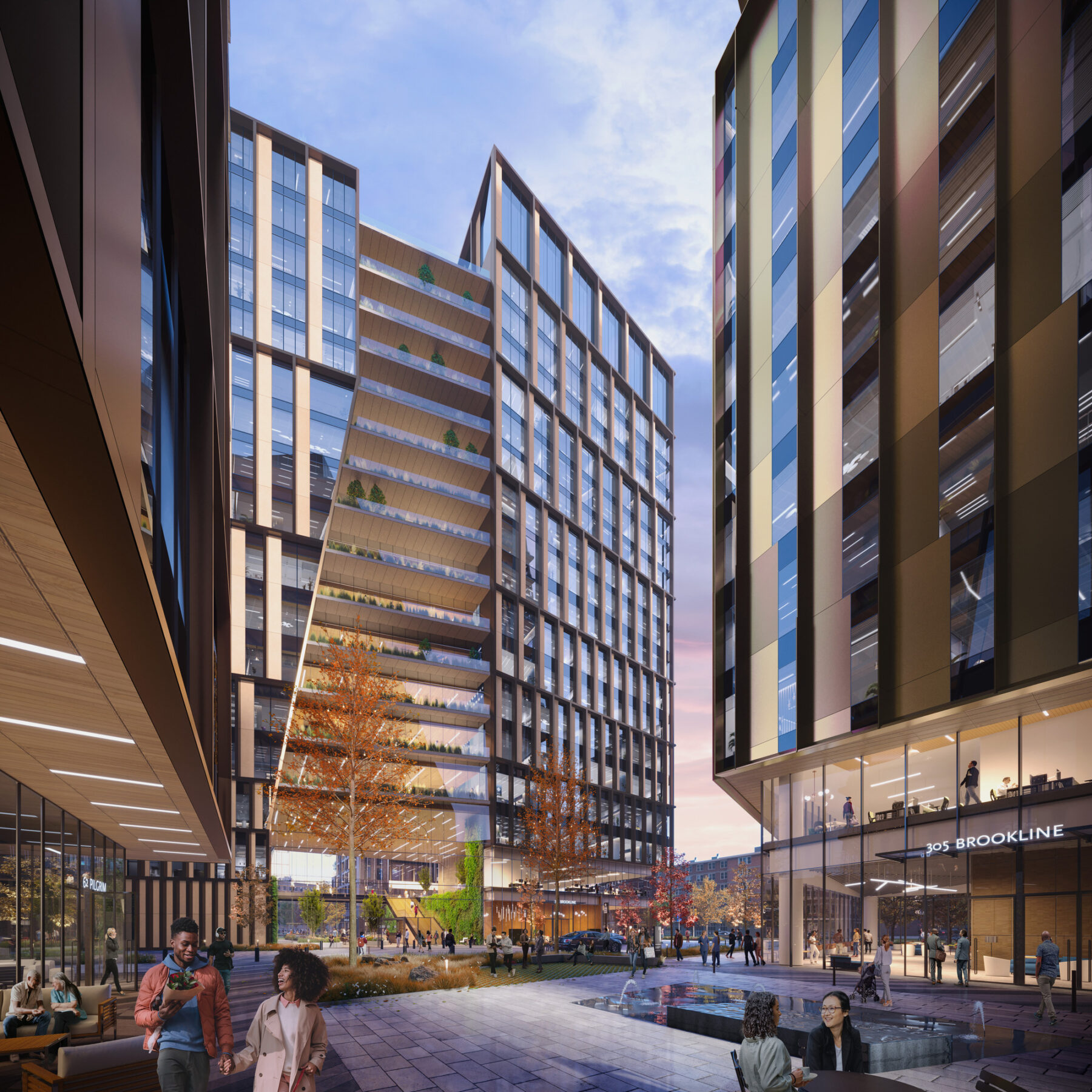 perspective rendering of commercial district at Longwood Place with pedestrians utilizing the public open space