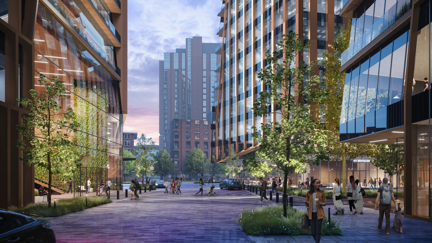 rendering of pedestrian corridor taken at sunset framed by residential buildings and featuring lush plantings