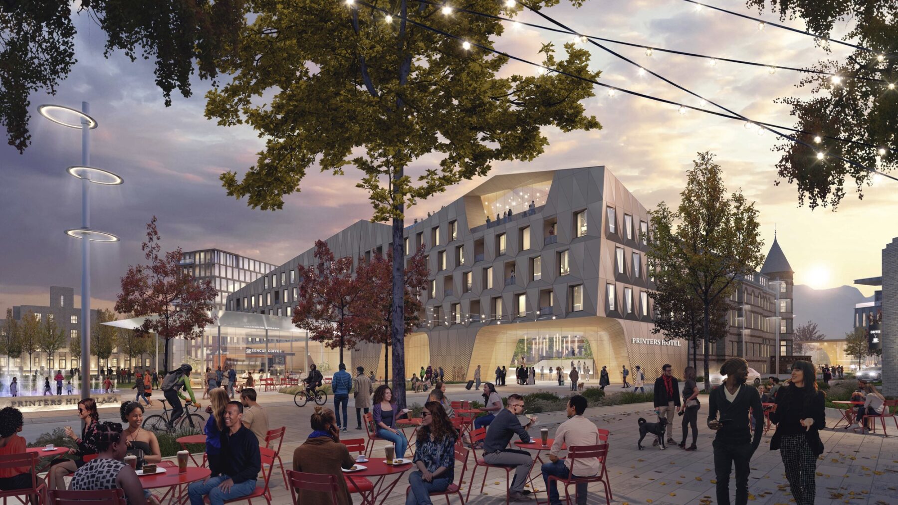 Rendering showing the quad's western edge and the expansion of the castle accomodating a new boutique hotel and outdoor patio cafe seating