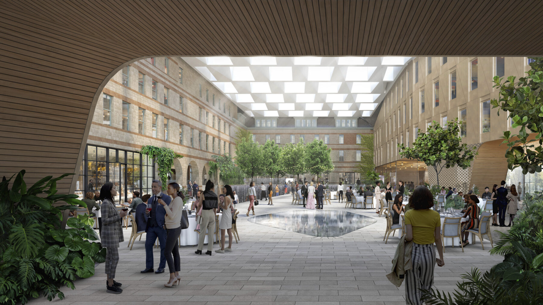 Rendering of the interior winter garden space inside the historic castle building
