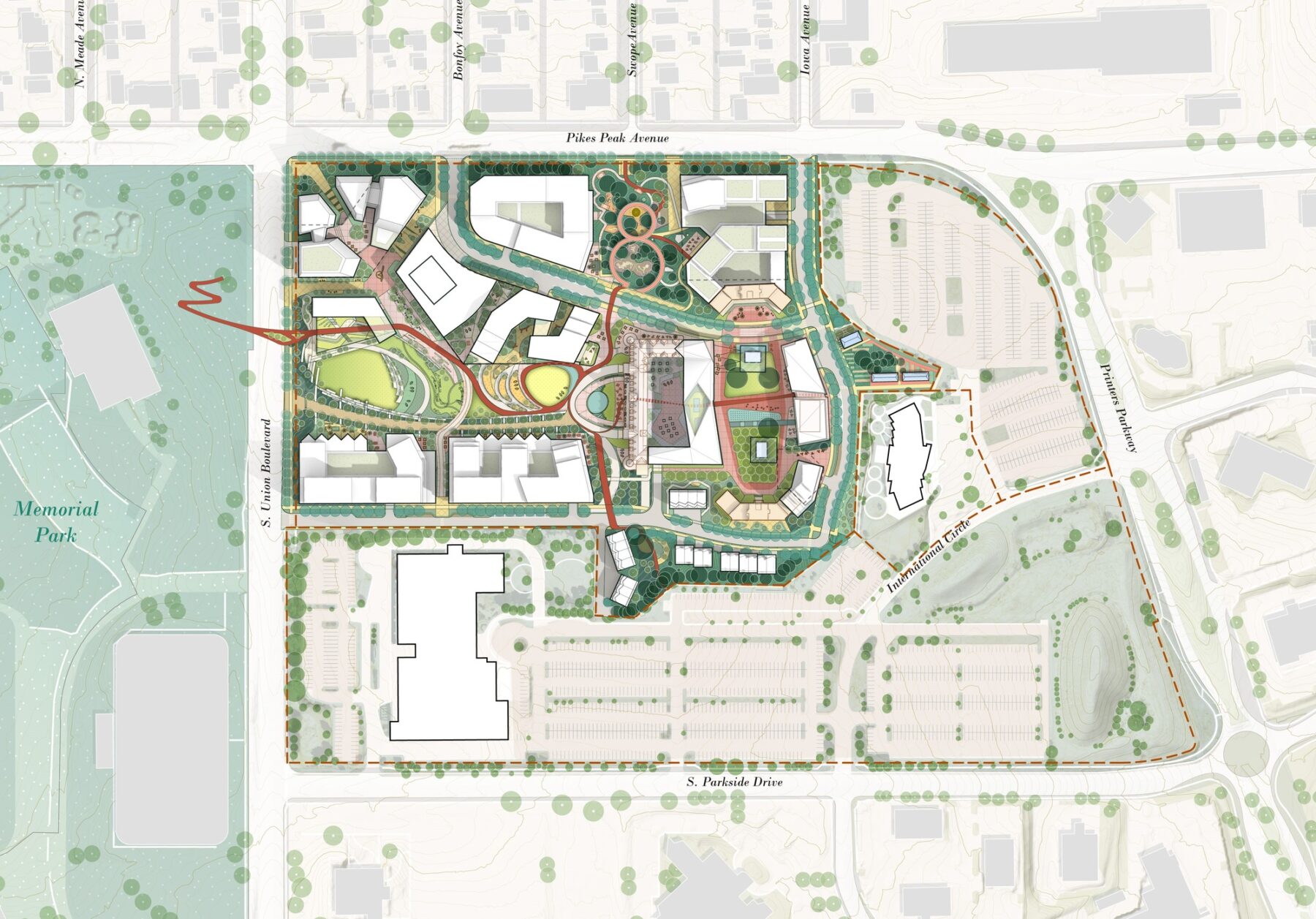 Illustrated site plan showing the master planned site with surrounding streets and Memorial Park