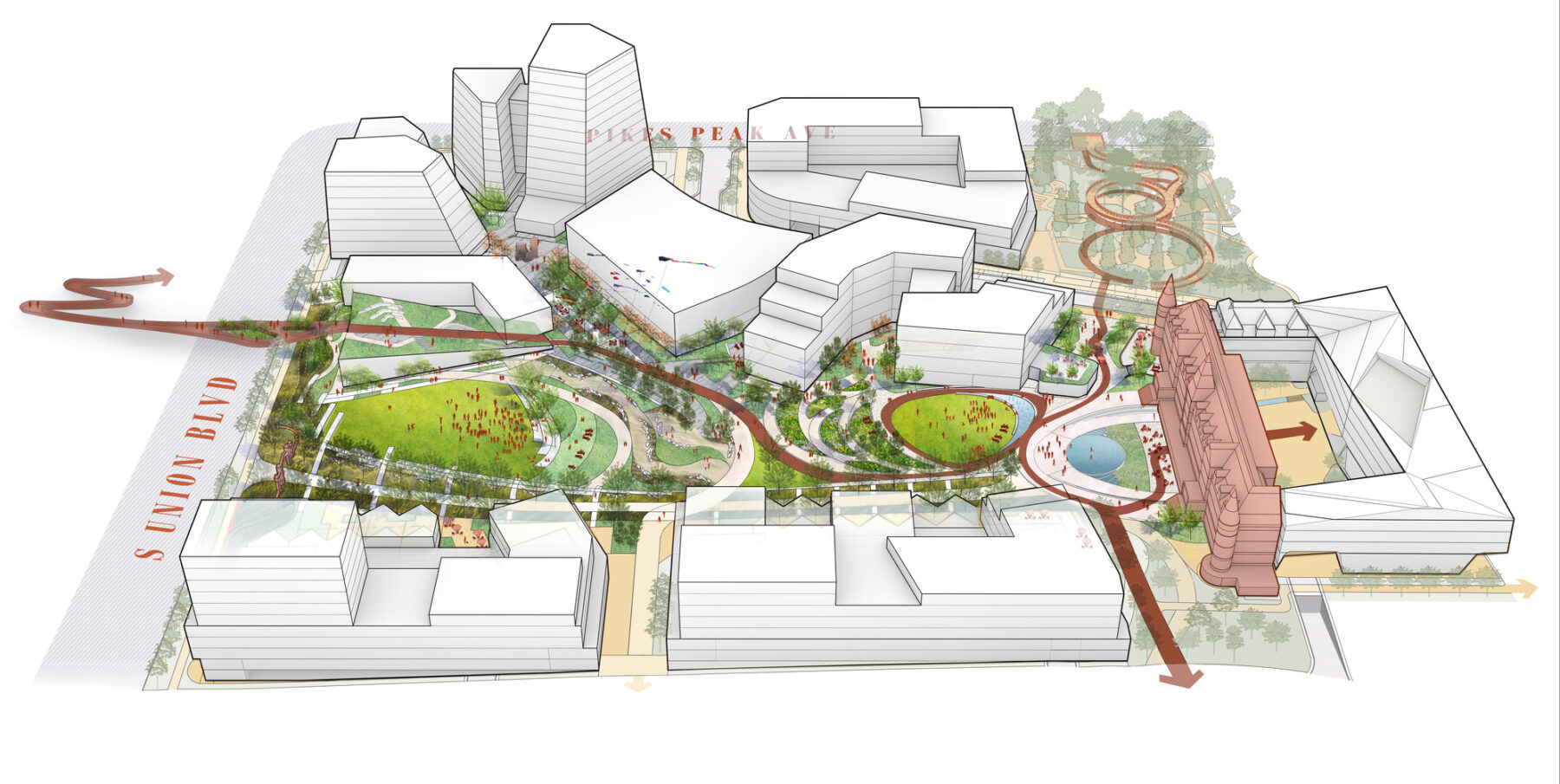 Illustrated diagram with development massings and central open green space