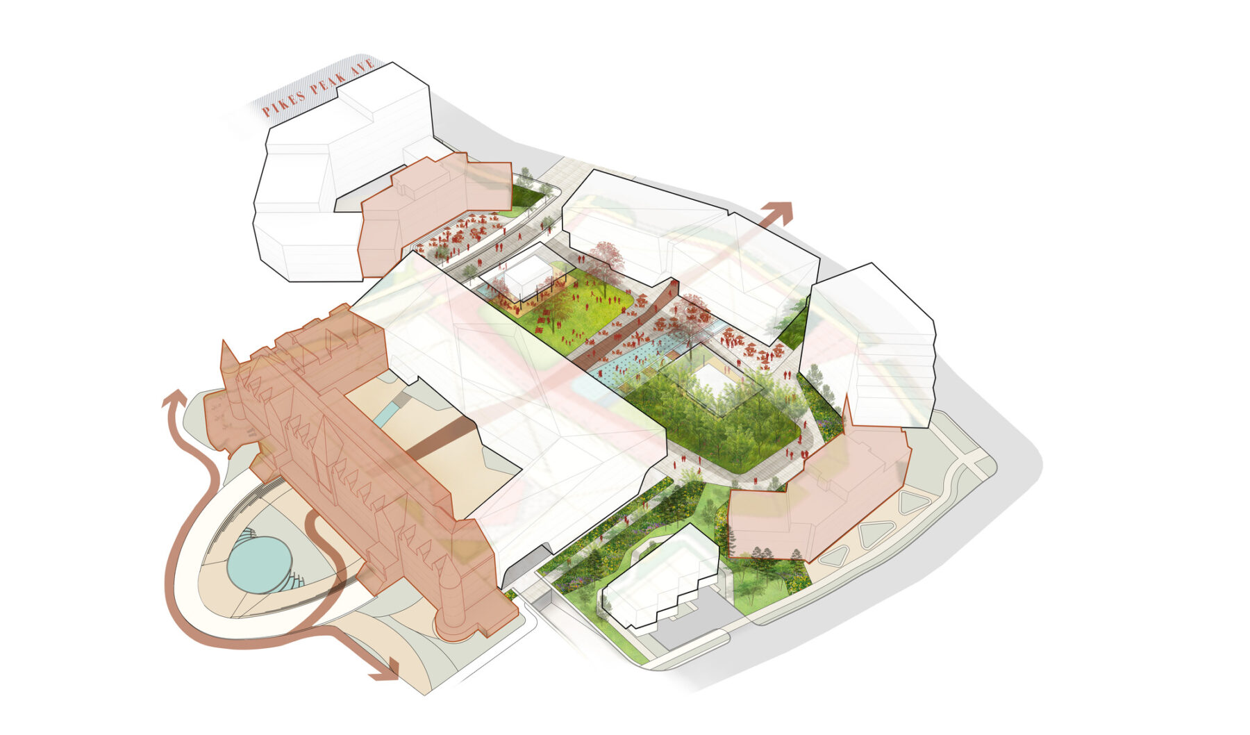 Diagram showing the castle building with additional building massing adjoined, an interior courtyard space and directional lines to the quad.