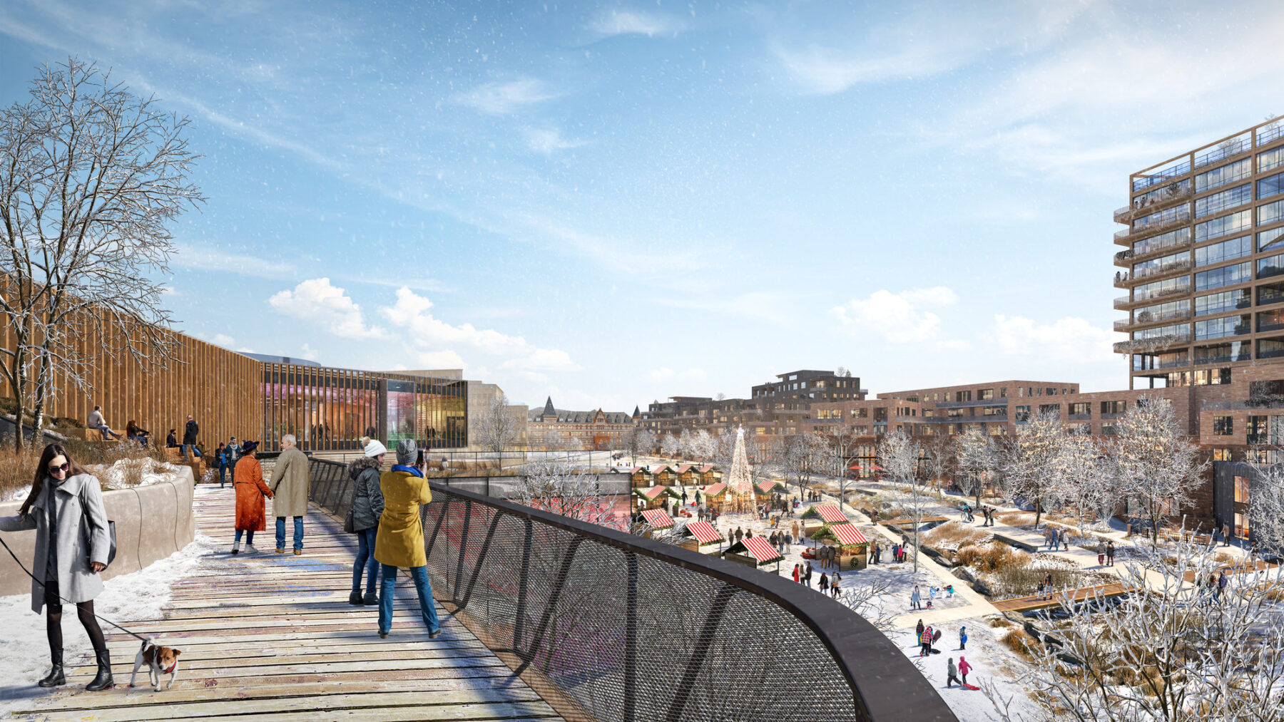 Rendering of pedestrian bridge in winter overlooking the central open space