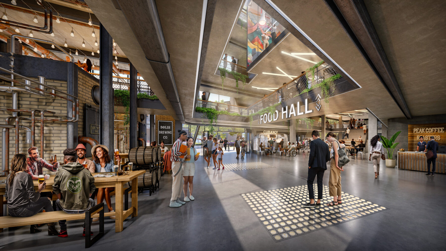 Rendered interior view of the food hall with open courtyard ceiling showing office spaces above
