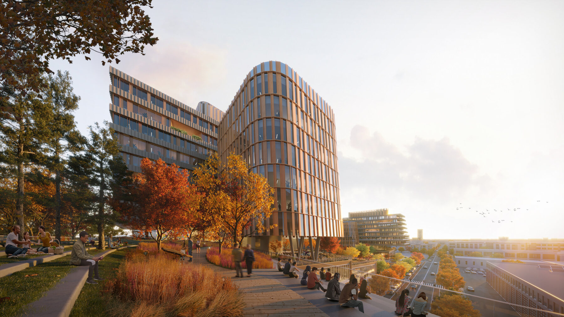 rendering of building facade with fall foliage surrounding entrance