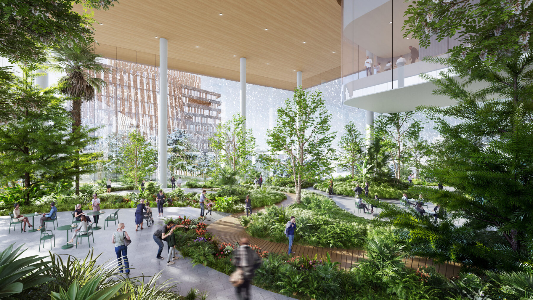 rendering of people walking along winding path of indoor winter garden featuring tropical plantings in a controlled climate