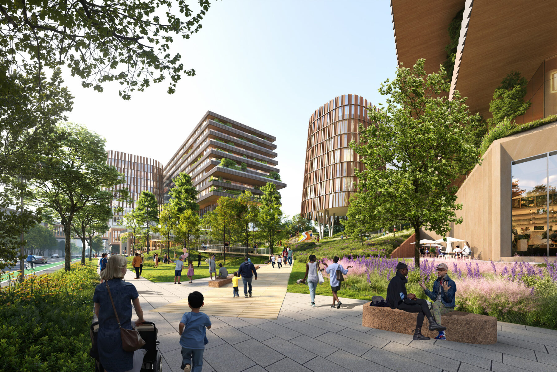 rendering of courtyard space with people walking across and resting on benches