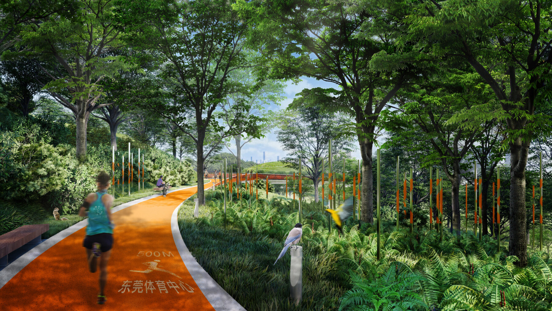 rendering of person walking along recreational path of fragrance loop