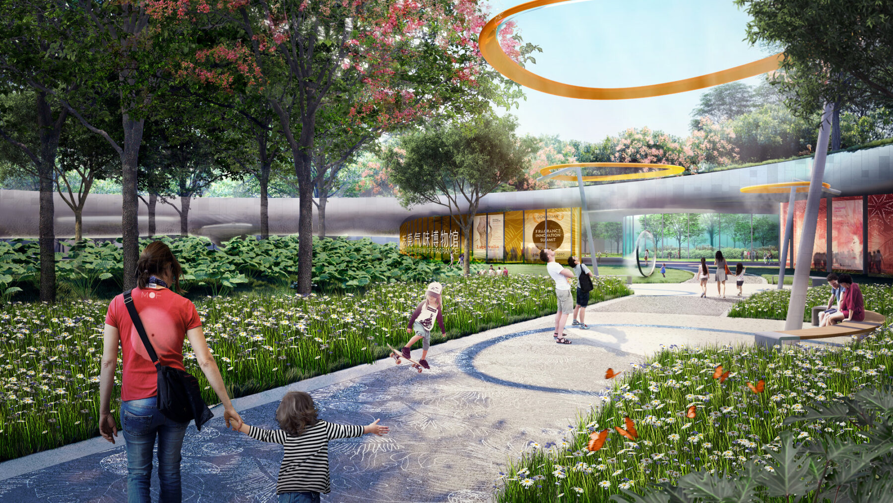 rendering of children running outside entrance to museum of fragrance