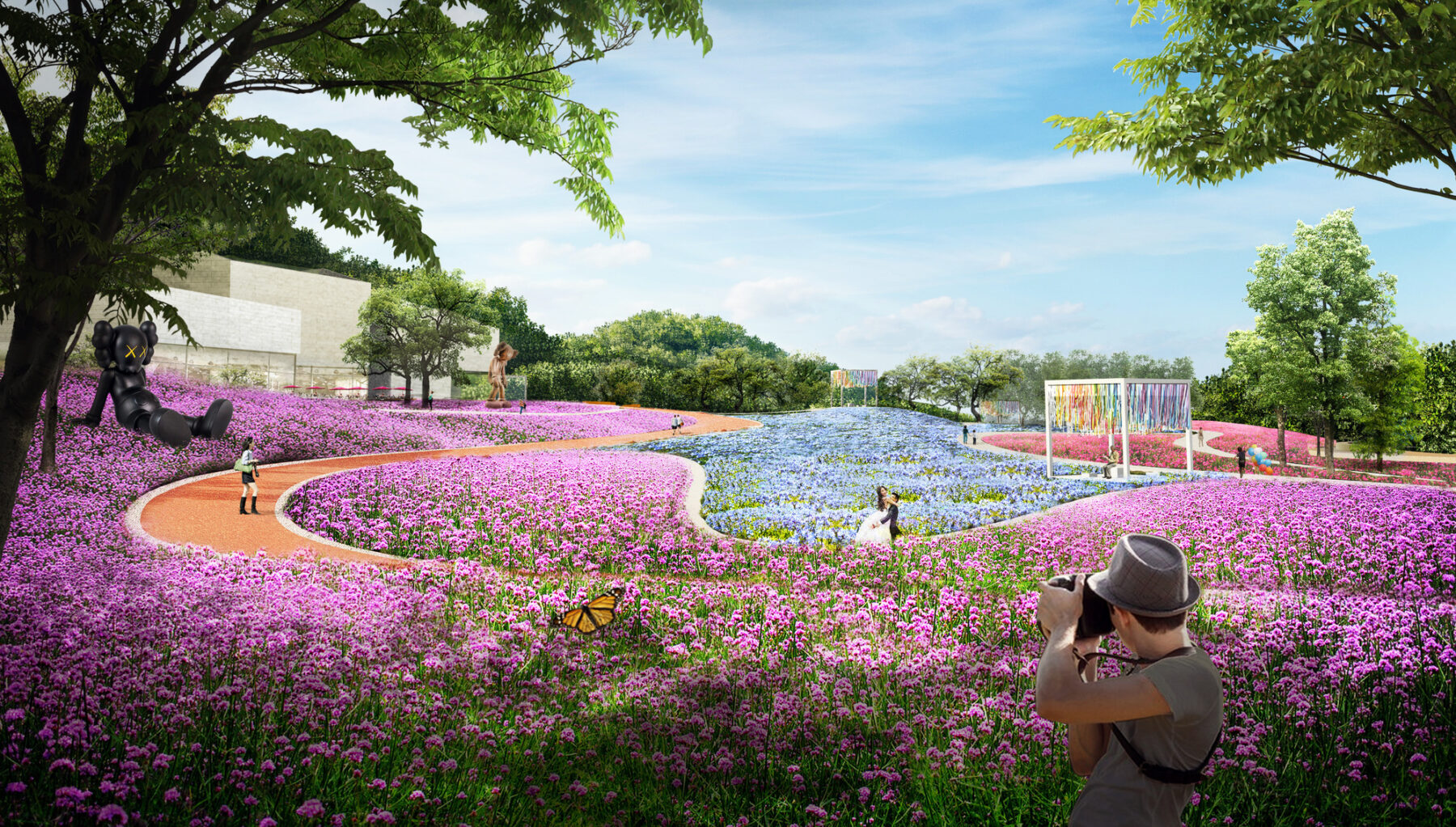 rendering of fields of flowers and grass with walking path