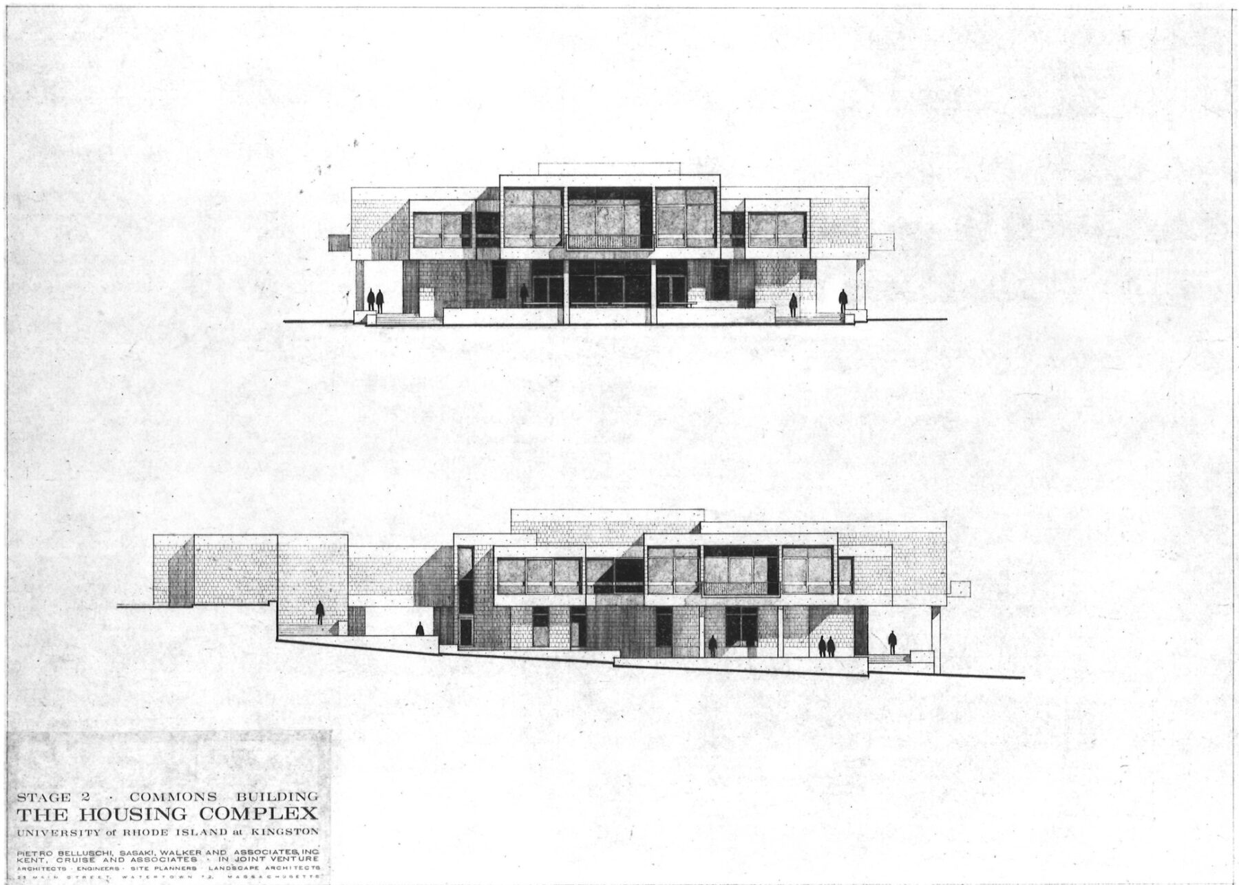 front and side elevation drawings of a 1960s brick dormitory