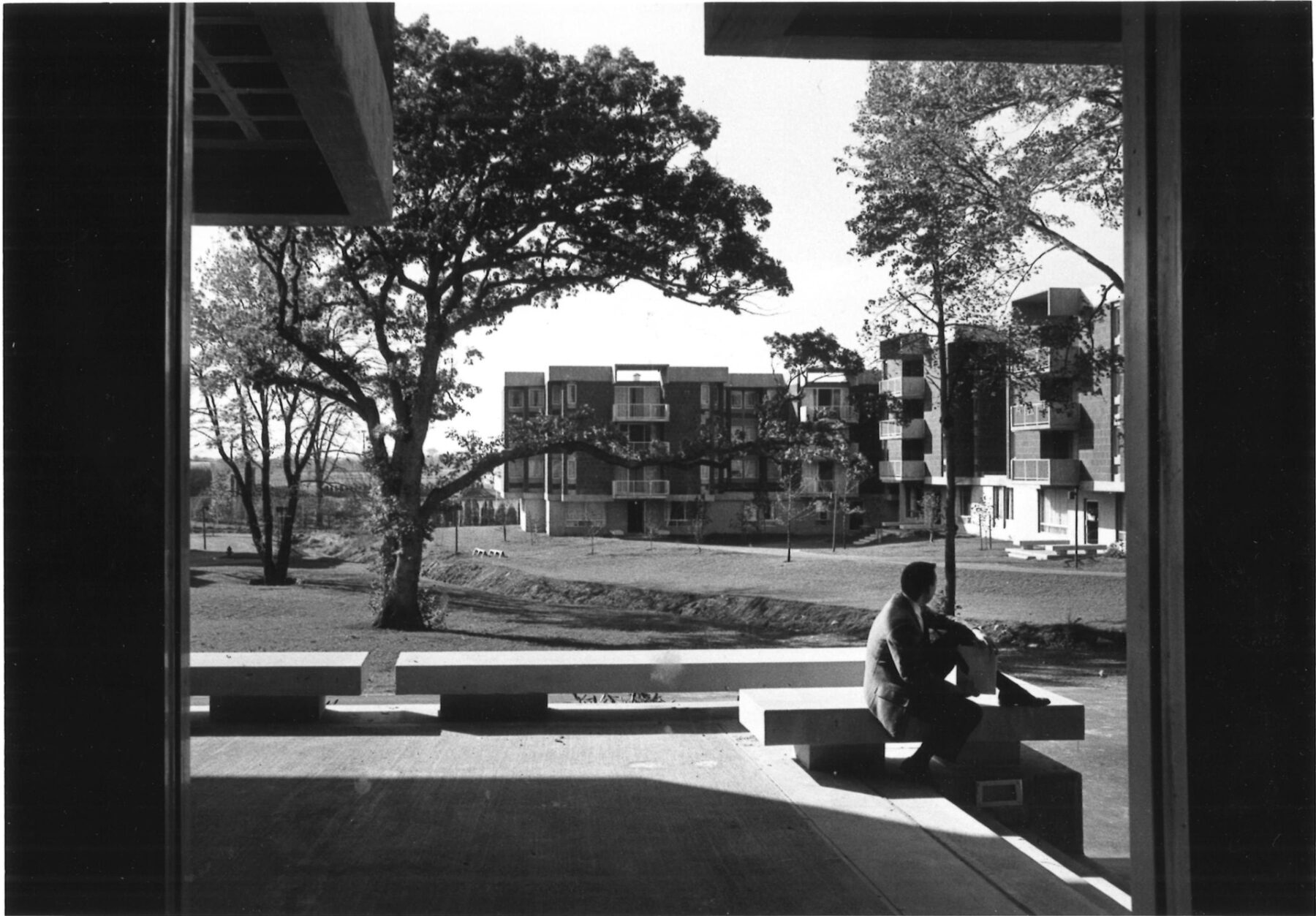 black and white photo of man sitting in shade in foreground, looking out over sprawling landscape and dorms