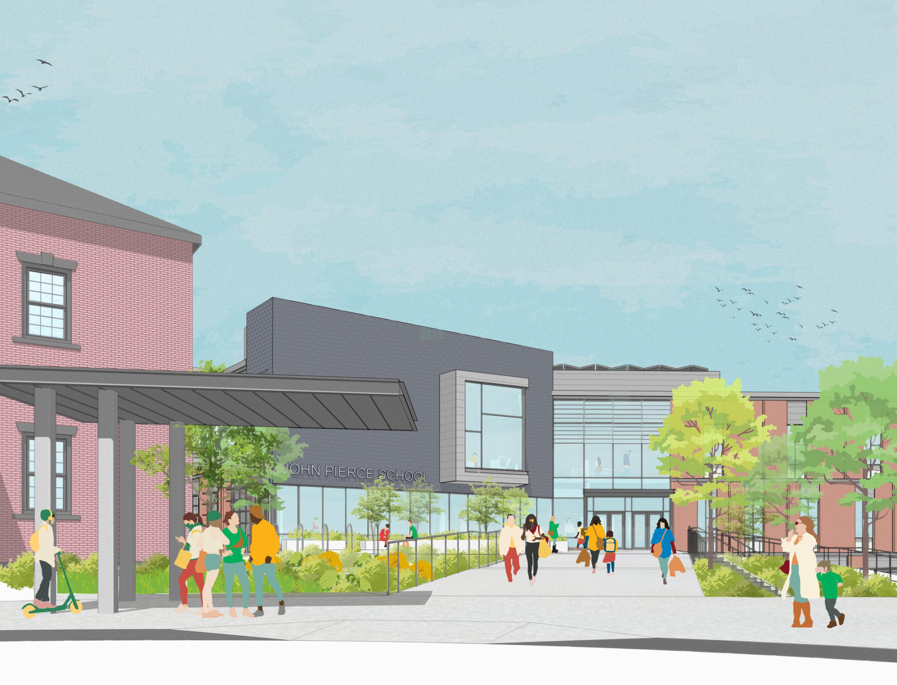 Collaged rendering of the school's main entry plaza with students arriving