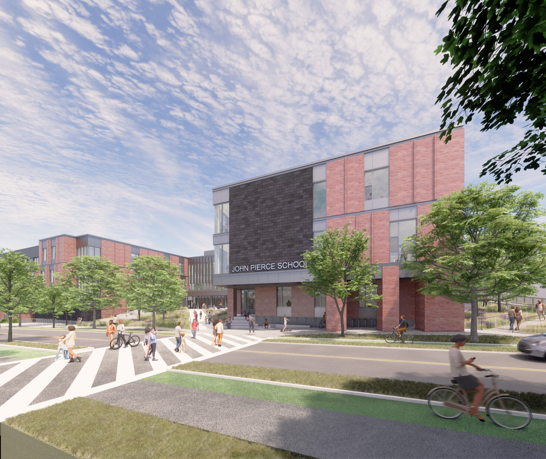 Rendering of exterior view of the John Pierce School with crosswalk