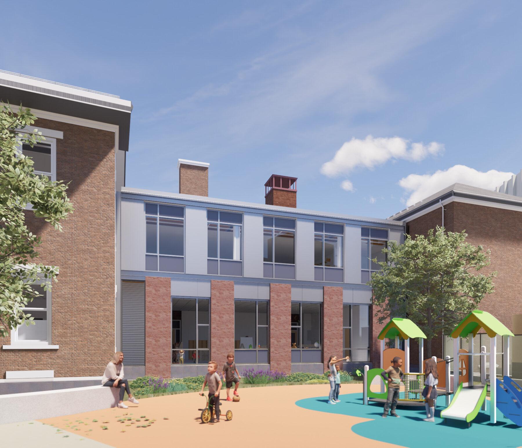 Rendering of exterior view of the John Pierce School with children's outdoor play area