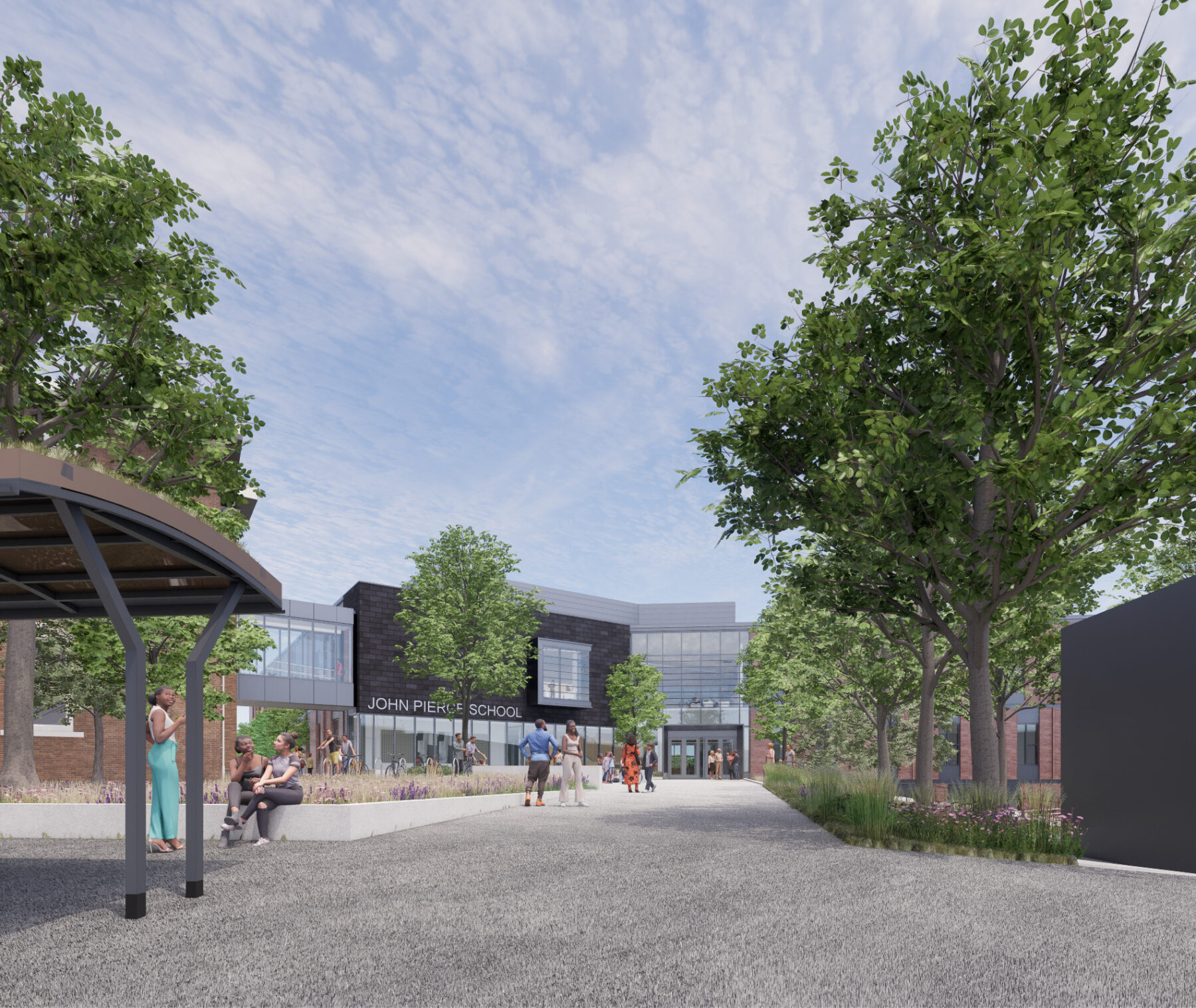 Rendering of exterior view of the John Pierce School with tree-lined courtyard leading to school entry