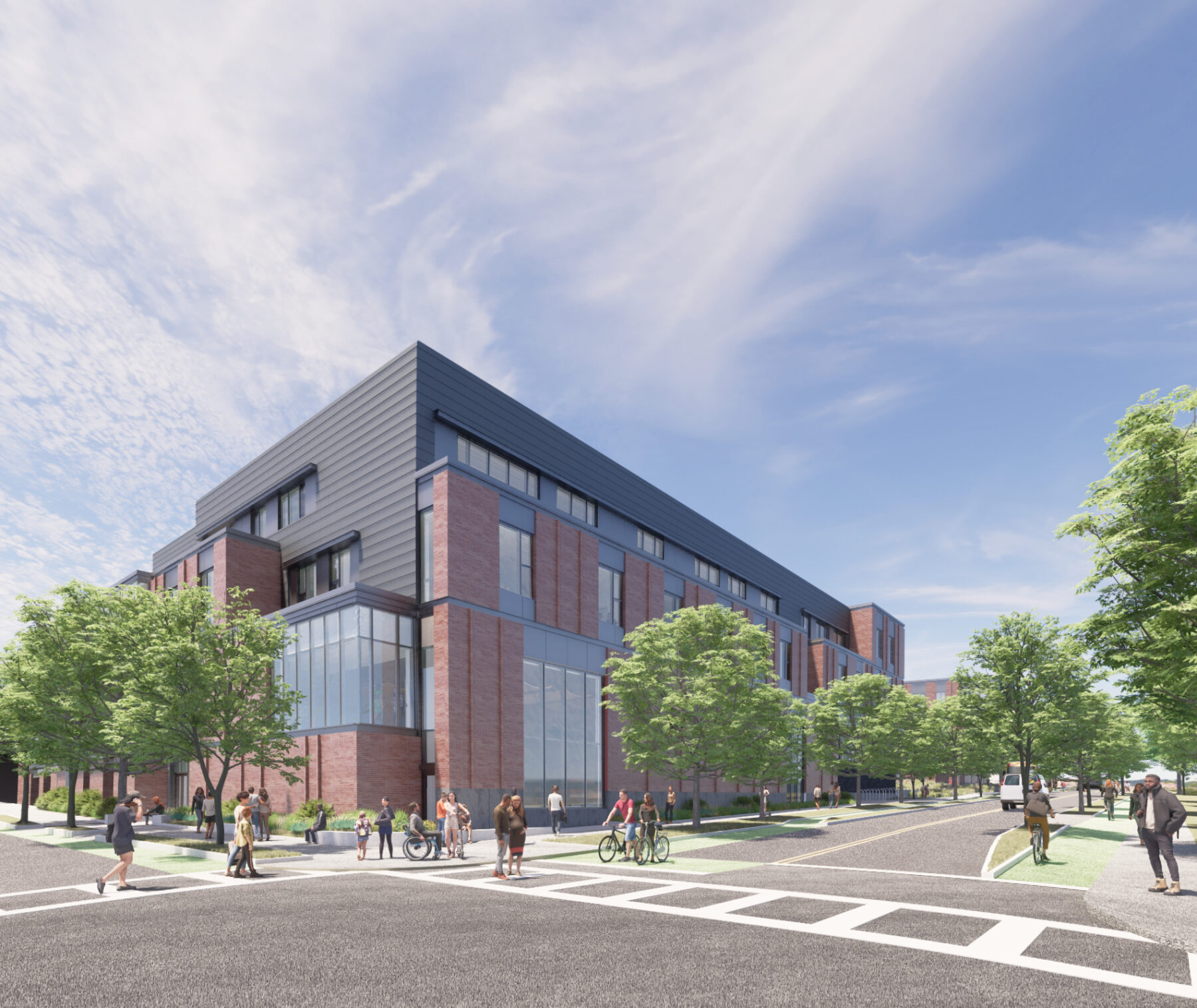 Rendering of exterior view of the John Pierce School with crosswalk