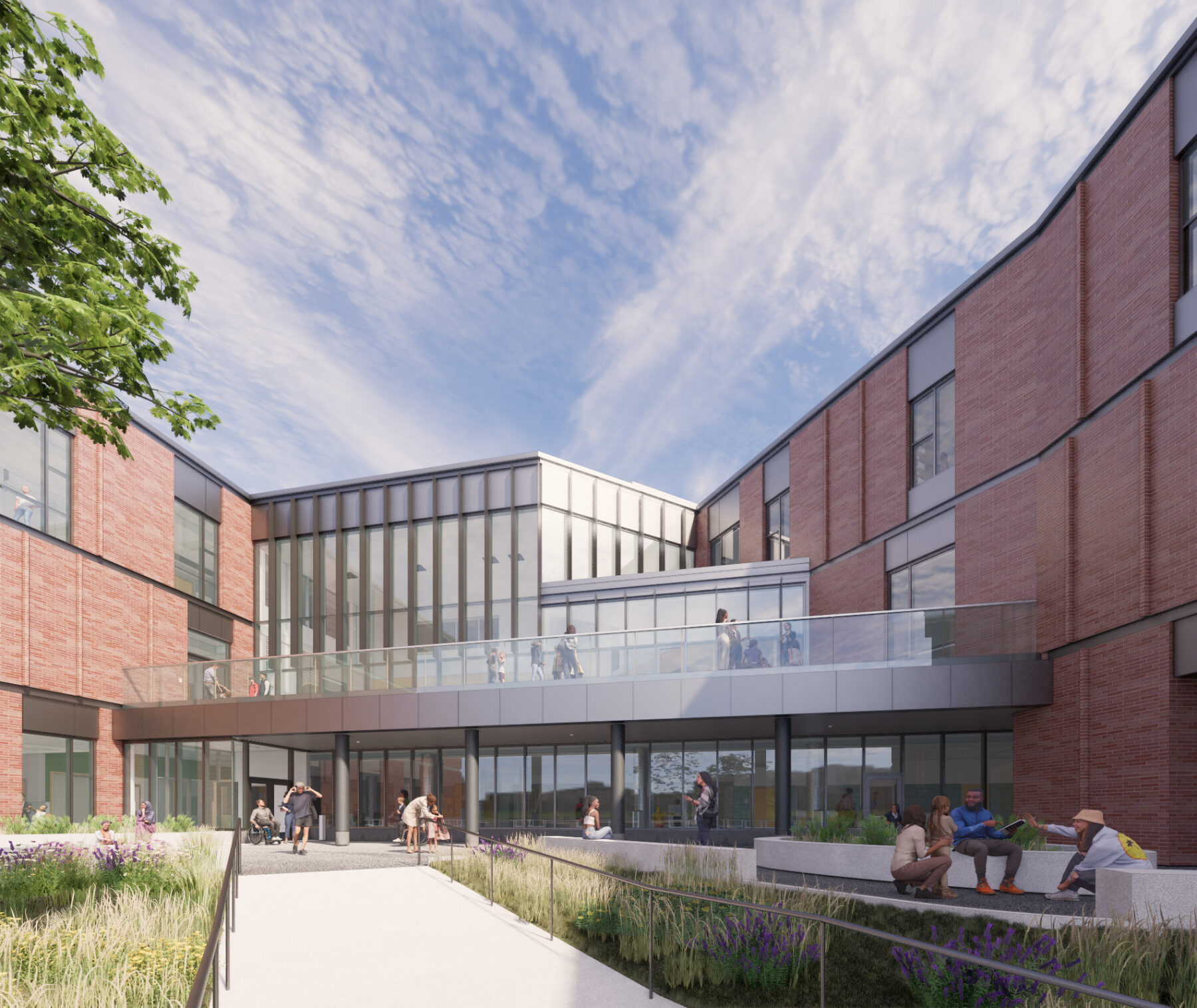 Rendering of exterior view of the John Pierce School with pedestrian pathway leading to school entry
