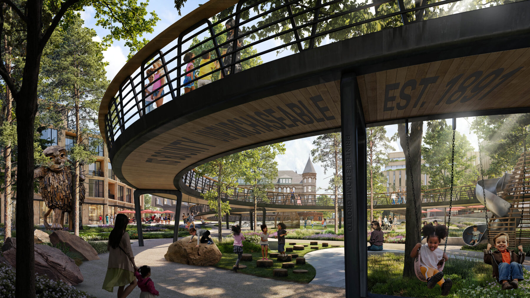 View of the Grotto at Printers Hill from underneath a canopy walk which encircles a play area.