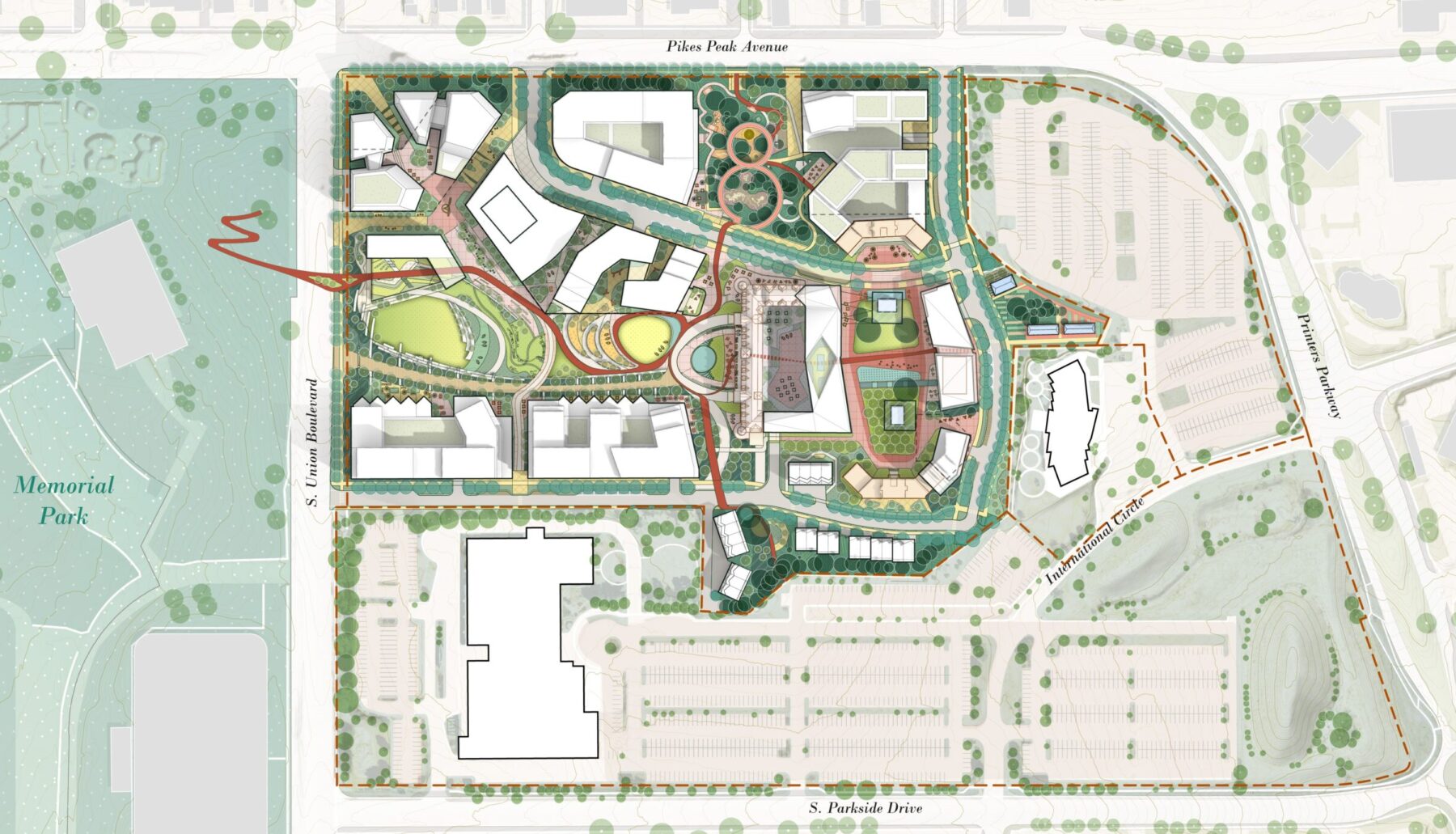 Illustrative plan of Printers Hill, showing the flow of public green space between new buildings leading up to the historic core at the summit, anchored by the Castle Building.