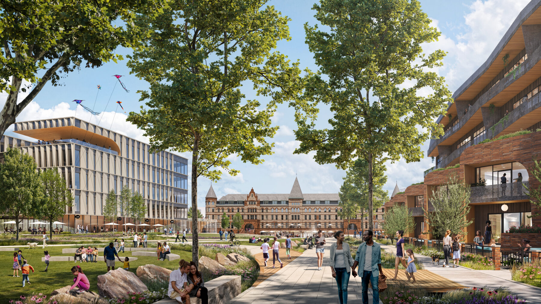 Rendering of Printers Hill Park looking down a long axial greenway, ending at the Richardsonian Romanesque 