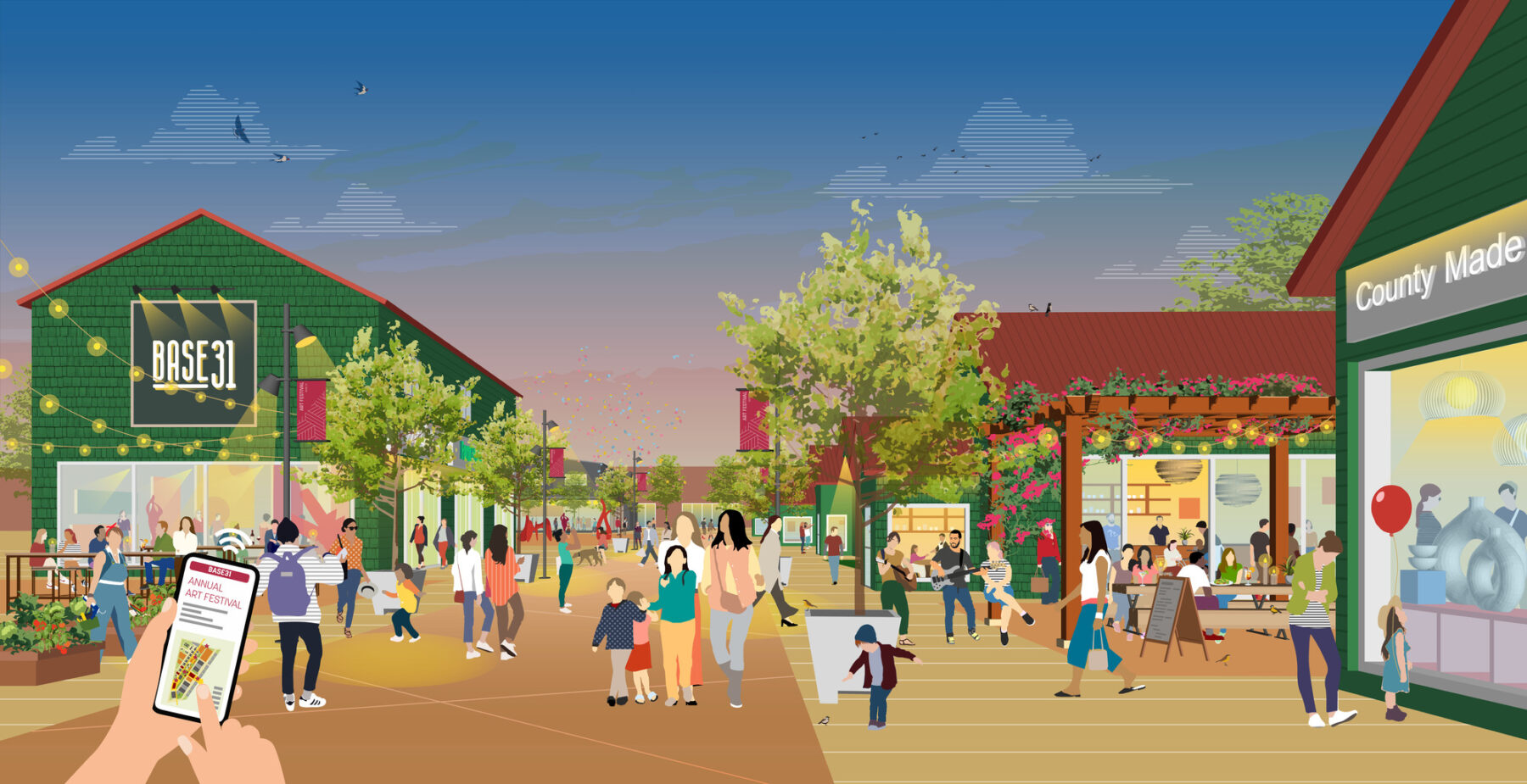 rendering of people walking through main street lined with restaurants and plantings