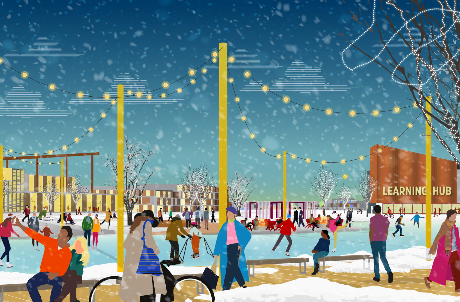 rendering of people partaking in recreational activities in the snow