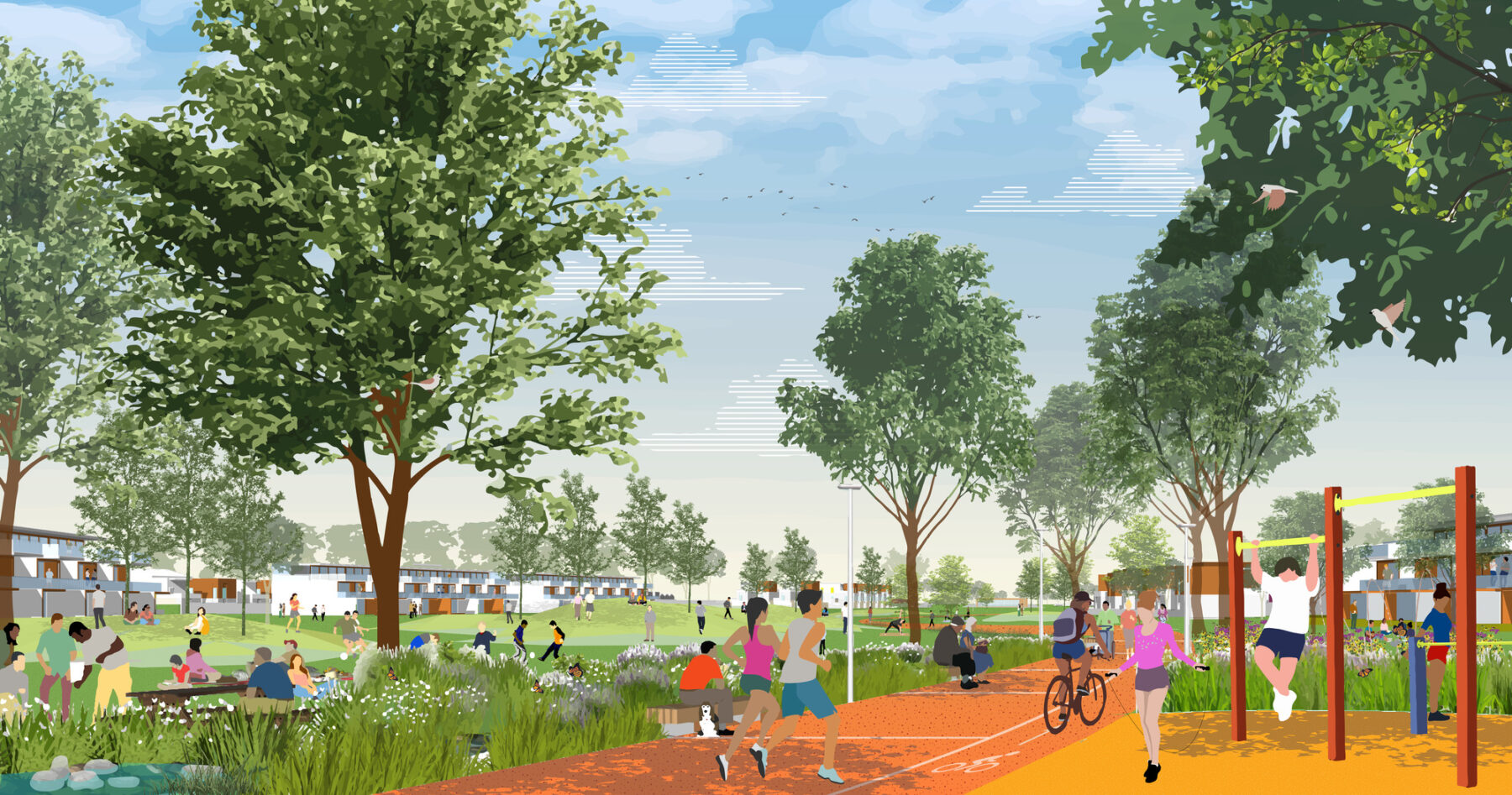 rendering of people on jogging track and cycling path