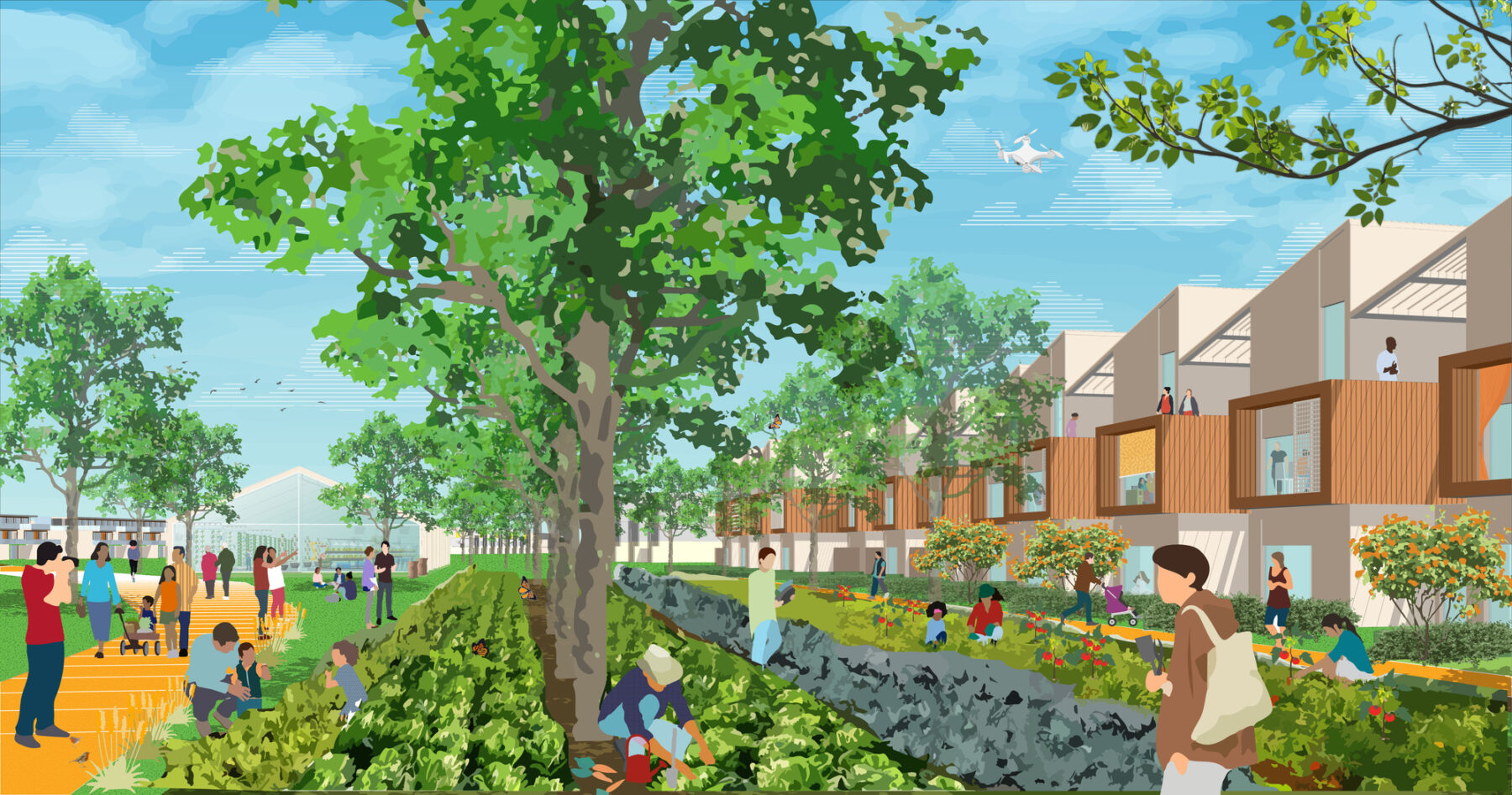 rendering of community garden amenities