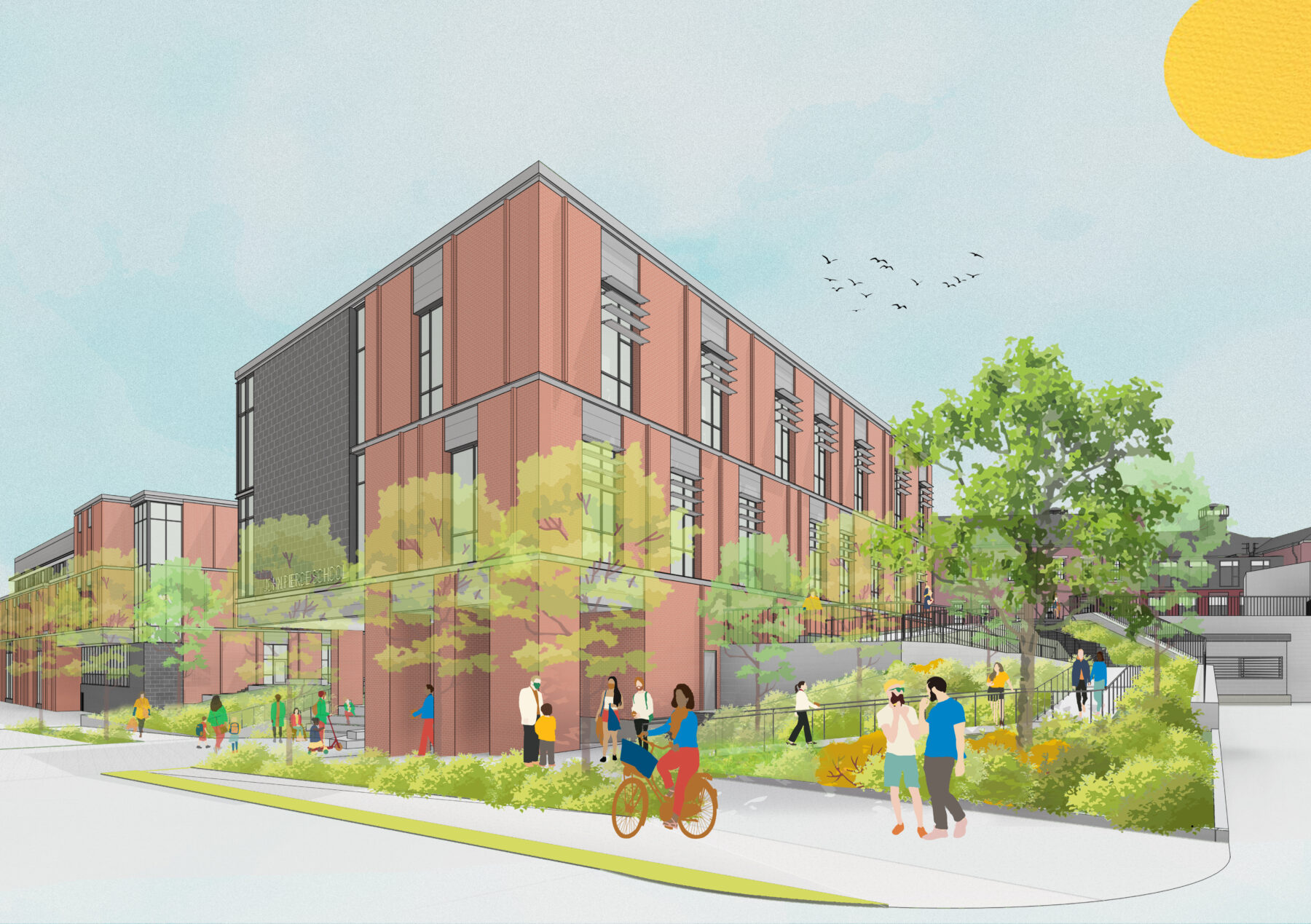 collaged rendering of building exterior and green ramp with bicyclist and pedestrians