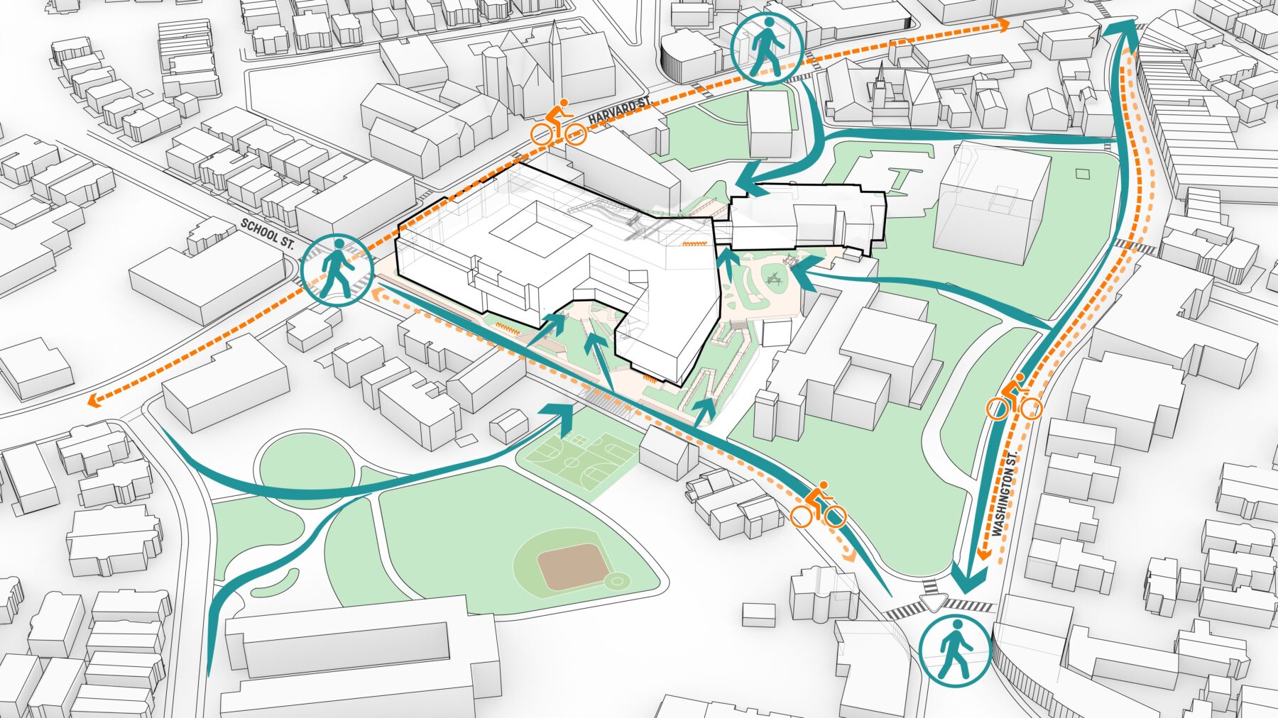 Illustrated axon diagram of school and surrounding neighborhood with arrows indicating throughways for vehicular traffic