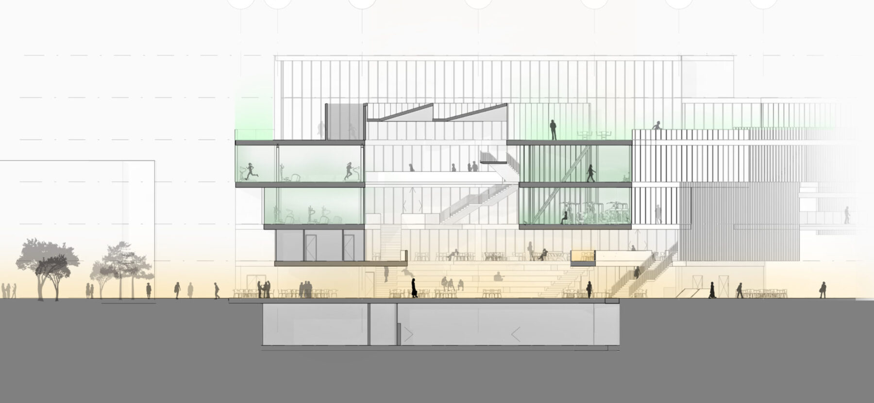 Diagrammatic section of the Universidad de Lima rec complex. shows continuity of airflow and movement across the ground floor and into the plaza, and also up through the central atrium.